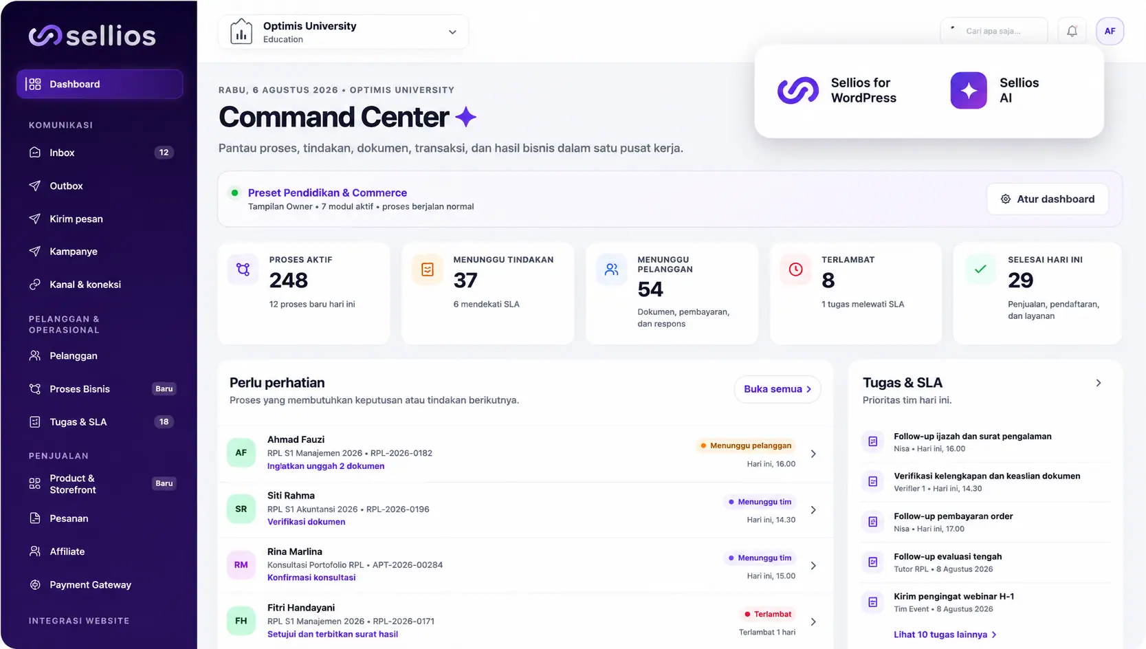 Dashboard Sellios untuk memantau proses, tugas, pelanggan, dan penjualan dalam satu workspace